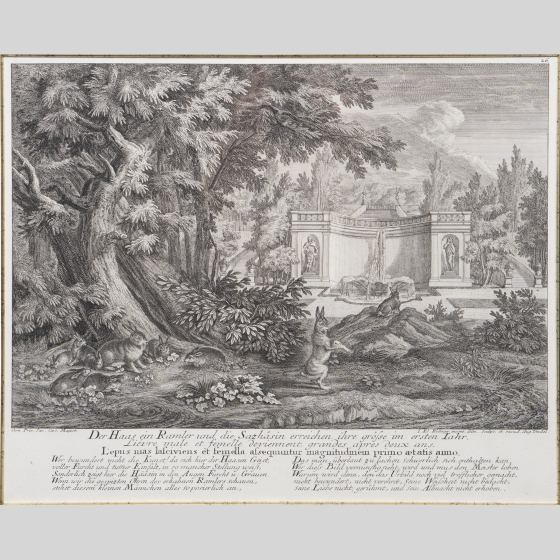 Гравюра «Зайцы в парковой роще», Германия, XVIII век Гравюра «Зайцы в парковой роще», Германия, XVIII век