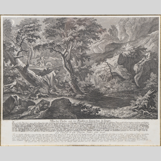 Гравюра «Охота на барсука», Германия, XVIII век Гравюра «Охота на барсука», Германия, XVIII век