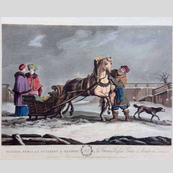​Гравюра «Русские дамы перед посадкой в сани​», Англия, XIX век
