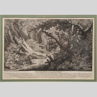 Гравюра «Охота на рысь с капканом», Германия, XVIII век