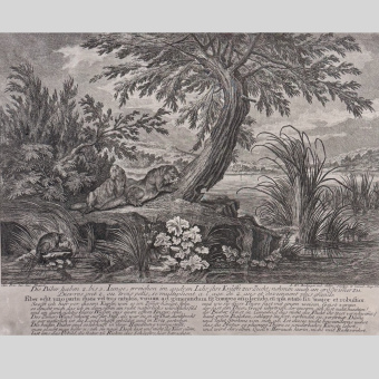 Гравюра «Охота на бобров», Германия, XVIII век