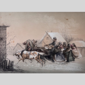 ​Гравюра «Катания на санях», Россия, XIX век