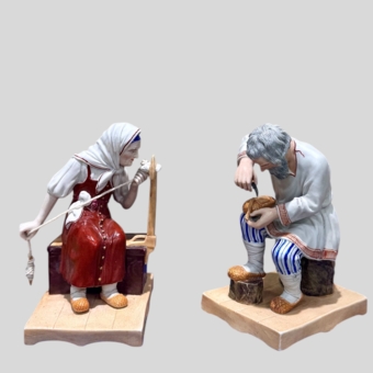 Парные скульптуры «Мужик, плетущий лапоть» и «Пряха», Россия, завод «Попова А.Г.», XIX век