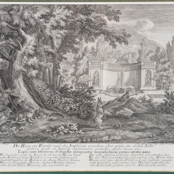 Гравюра «Зайцы в парковой роще», Германия, XVIII век