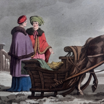 ​Гравюра «Русские дамы перед посадкой в сани​», Англия, XIX век