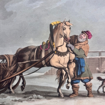 ​Гравюра «Русские дамы перед посадкой в сани​», Англия, XIX век