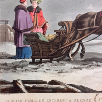 ​Гравюра «Русские дамы перед посадкой в сани​», Англия, XIX век